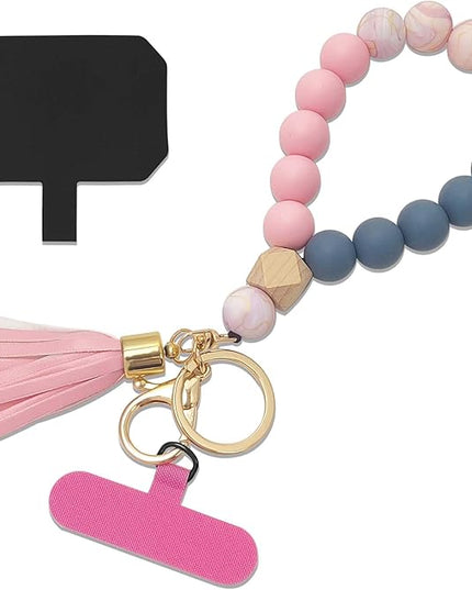 Phone Lanyard Silicone Beaded Phone Wrist Strap Cute Elastic Cell Phone Wristlet Chain Bracelet with 2 Tether Tab