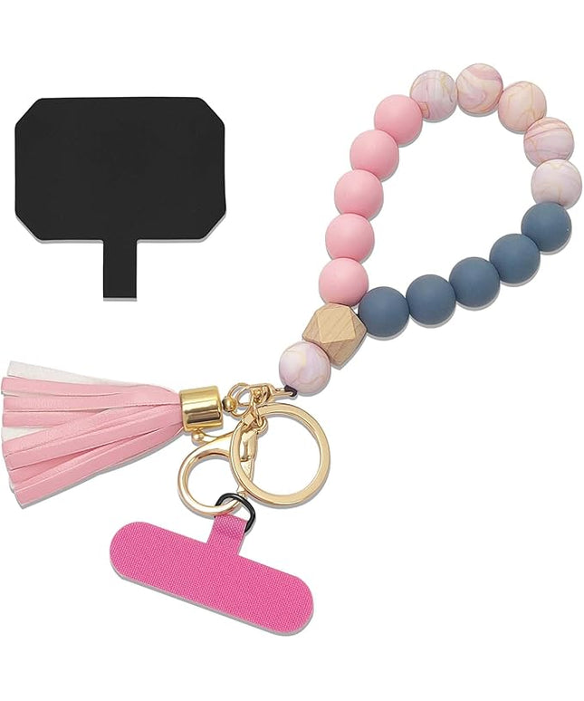 Phone Lanyard Silicone Beaded Phone Wrist Strap Cute Elastic Cell Phone Wristlet Chain Bracelet with 2 Tether Tab