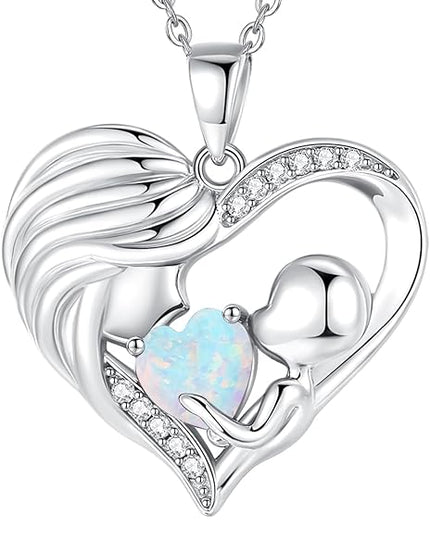 FANCIME Mom Birthstone Necklace Mother and Child Love Heart Necklace I Love You Mom Gifts Mothers Day Birthstone Jewelry Gifts for Grandmother Women Wife, 16"+2" Inches