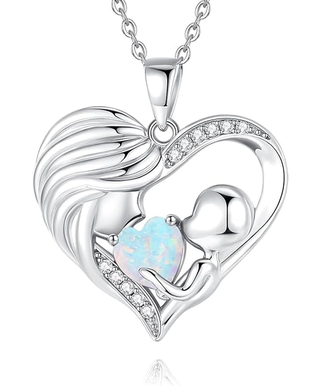 FANCIME Mom Birthstone Necklace Mother and Child Love Heart Necklace I Love You Mom Gifts Mothers Day Birthstone Jewelry Gifts for Grandmother Women Wife, 16"+2" Inches