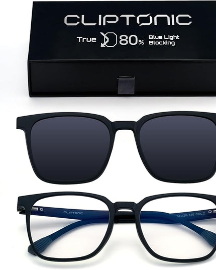 2-in-1 Magnetic Clip- On Blue Light Blocking Glasses – Wayfarer Black Frame + Grey Polarized UV400 Clip, TR90 Lightweight, Anti-Reflective Unisex Computer Eyewear