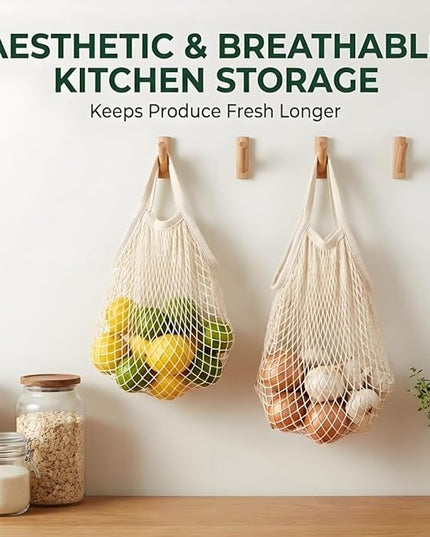 Mesh Grocery Bags 4 Pack, Reusable Cotton String Shopping Totes with Long Handles, Heavy Duty Holds 40lbs for Farmers Market, Produce, Fruit, Vegetable Storage & Beach