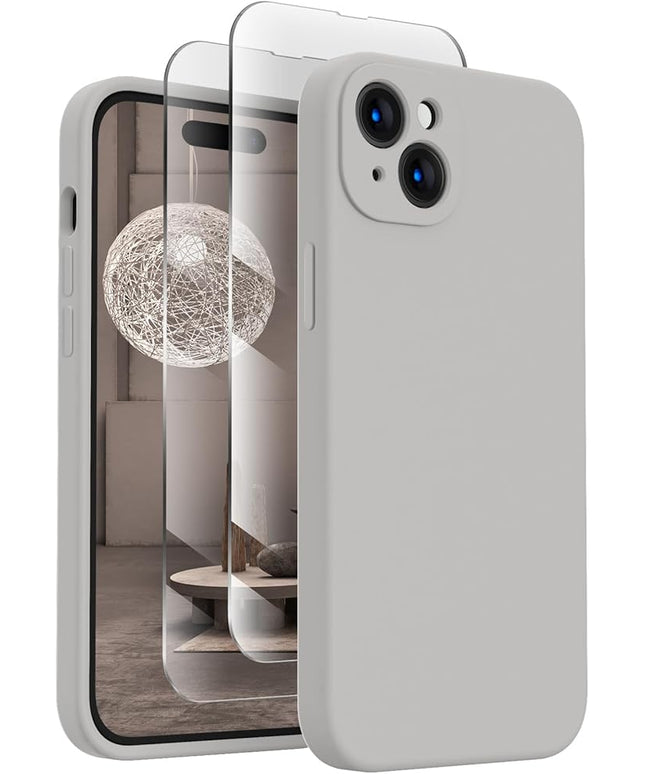 FireNova Designed for iPhone 15 Plus Case, Silicone [Camera Protection] Case with [2 Screen Protectors], Soft Anti-Scratch Microfiber Lining Inside, 6.7 inch, Natural Titanium