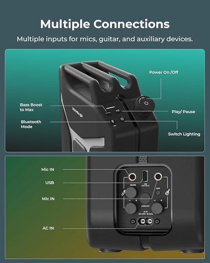 ULTIMEA Go Portable Party Speaker, 300W Wireless PartyBox with Bass Boost, RGB Light, TWS Stereo, Auracast Mode, Mic/Guitar Input, APP Control, Powerful Bluetooth Speaker for Party and Outdoor (Black)