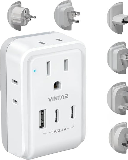 VINTAR Universal Travel Adapter Kit, International Power Adapter with 4 AC & 3 USB Ports(2 USB C), Type A,B,C,E/F,G,I, Swap Adapt Attachments, Travel Adapter Worldwide for Europe/UK/Aus/Japan/Africa