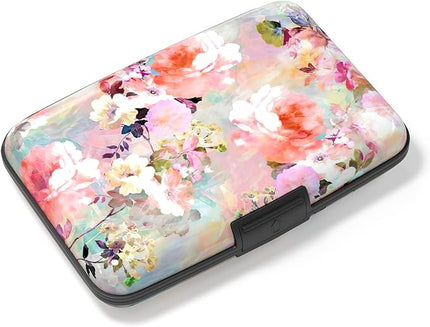 Atufsuat Credit Card Holder, Mini Aluminum Card Wallet RFID Blocking Slim Metal Hard Card Case for Women Men, Pink Flowers