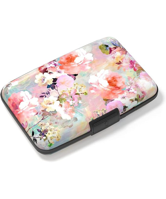 Atufsuat Credit Card Holder, Mini Aluminum Card Wallet RFID Blocking Slim Metal Hard Card Case for Women Men, Pink Flowers