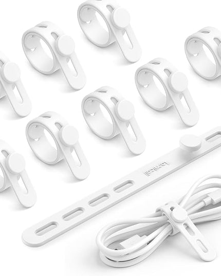 10Pack Silicone Cable Ties Cord Organizer - Lamicall Elastic Wire Ties Management, Travel Must Haves, Halloween Desk Home Office Workspace Accessories, Dorm Room Essentials, White Cable Keeper