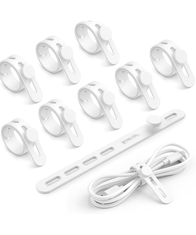 10Pack Silicone Cable Ties Cord Organizer - Lamicall Elastic Wire Ties Management, Travel Must Haves, Halloween Desk Home Office Workspace Accessories, Dorm Room Essentials, White Cable Keeper