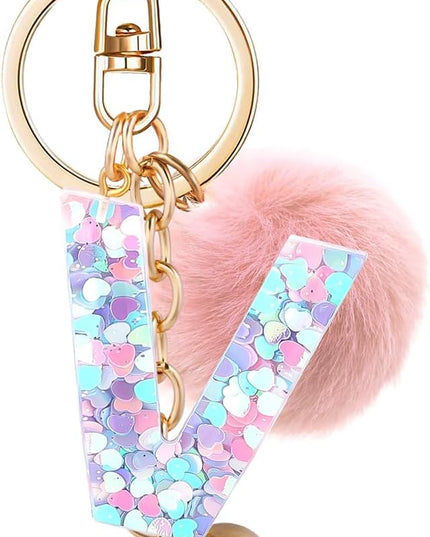 Resin Alphabet Initial Letter Keychain Keyring for Women Purse Handbags With Fur Ball Pom