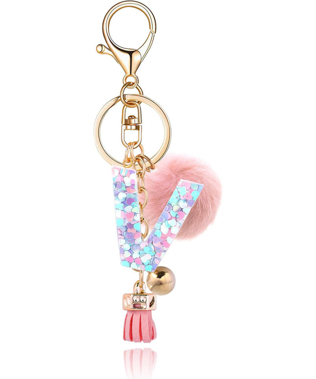 Resin Alphabet Initial Letter Keychain Keyring for Women Purse Handbags With Fur Ball Pom