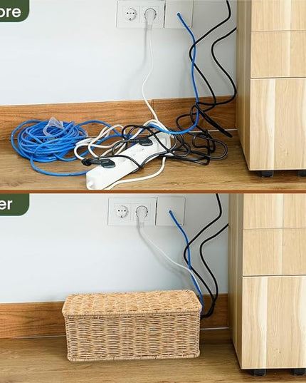 Cable Management Box, Handmade Rattan Cable Organizer with 2 Open Slots, Cord Hider for Power Strip, Router & USB Hub, Registered U.S. Design Patent (D1,112,102), 13" x 5.1" x 5.1", Natural