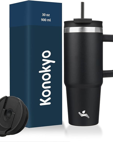 30 oz Tumbler with Handle and 2 Straws,2 in 1 Lid Insulated Water Bottle Stainless Steel Travel Coffee Mug,Black