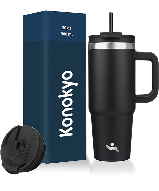 30 oz Tumbler with Handle and 2 Straws,2 in 1 Lid Insulated Water Bottle Stainless Steel Travel Coffee Mug,Black