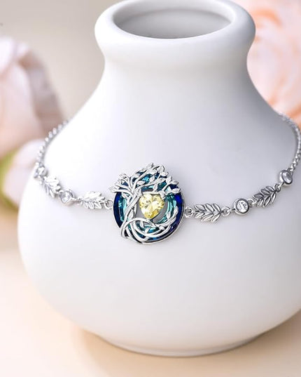 TOUPOP Tree of Life Birthstone Bracelet 925 Sterling Silver Family Tree Austrian Crystal Jewelry Anniversary Birthday Christmas Gifts for Women Wife Girlfriend Her