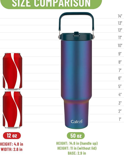 50oz Insulated Tumblers, Stainless Steel Water Bottles with Flip Straw and Top Handle, Leak Proof, No Sweat, Fits in Cup Holder, Vacuum Insulated Cup for Home, Office, Outdoors, Car