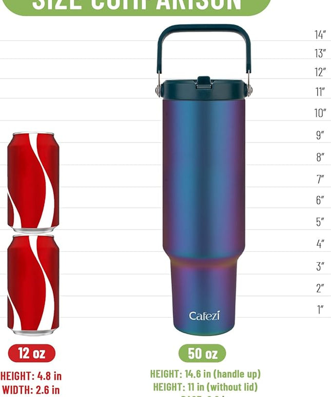 50oz Insulated Tumblers, Stainless Steel Water Bottles with Flip Straw and Top Handle, Leak Proof, No Sweat, Fits in Cup Holder, Vacuum Insulated Cup for Home, Office, Outdoors, Car