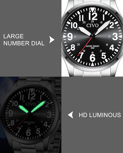 CIVO Analog Wrist Watches for Men: Waterproof Stainless Steel Mens Watches - Silver Watch with Easy Read Dial Men's Watch for Gift