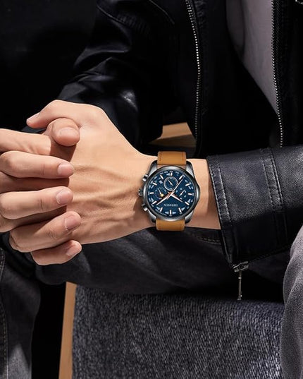Watches for Men Chronograph Analog Luminous Quartz Watch Blue Black Luxury Genuine Leather Mens Watches Business Sports Waterproof Wristwatch Elegant Gift for Him