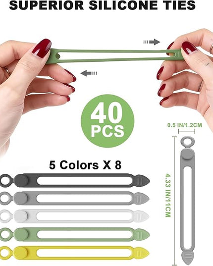 40Pcs Silicone Cable Ties with Box, Reusable Cord Organizer Rope, Elastic Cord Ties for Electronics, Essentials Straps Wires for Fastening Home Office Kitchen Travel Appliances