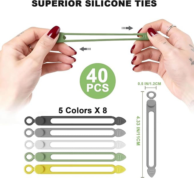 40Pcs Silicone Cable Ties with Box, Reusable Cord Organizer Rope, Elastic Cord Ties for Electronics, Essentials Straps Wires for Fastening Home Office Kitchen Travel Appliances
