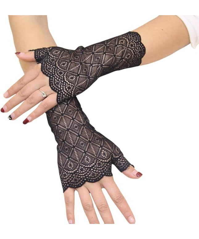 Women's Short Lace Gloves Fingerless for Driving Wedding Wrist Length Bridal Prom Gloves