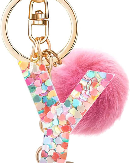 Resin Alphabet Initial Letter Keychain Keyring for Women Purse Handbags With Fur Ball Pom