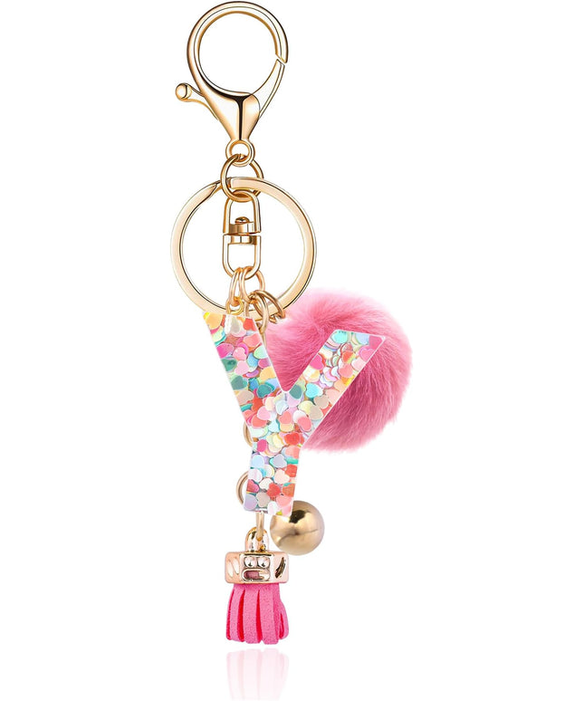 Resin Alphabet Initial Letter Keychain Keyring for Women Purse Handbags With Fur Ball Pom