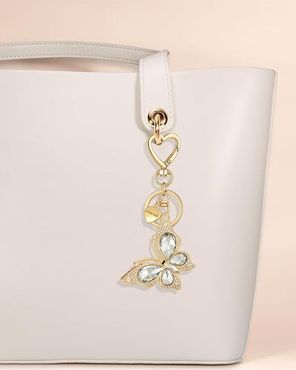 XGALBLA Cute Bling Crystals Rhinestone Butterfly KeyChain with Heart Pendant, Lovely Bag Charms for Handbags Purse Accessory