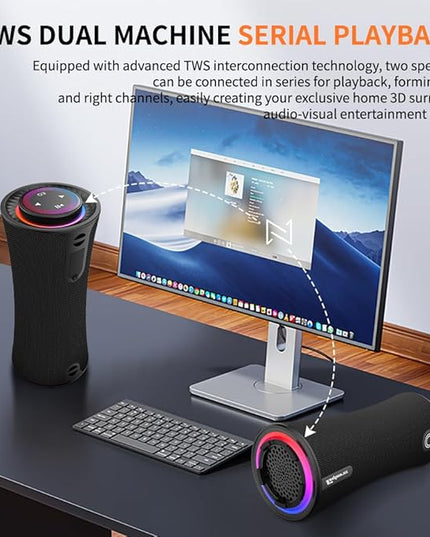 Portable Bluetooth Speaker, 80W Peak Wireless Speakers with Deep Bass, 360 Degree Surround Stereo Sound, 24H Play Time, Comfortable Handle, Colorful Lights ,Dual Pairing, for Home, Party, Outdoor