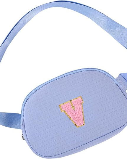 Glratn Initial Letter Fanny Pack for Girls,Patch Belt Bag,Toddler Crossbody Bags，Gifts for 3 4 5 6 7 8 9 10 11 12 Year Old Teens Kids,Christmas Graduation Gifts for Teen Girls .(Blue-V)