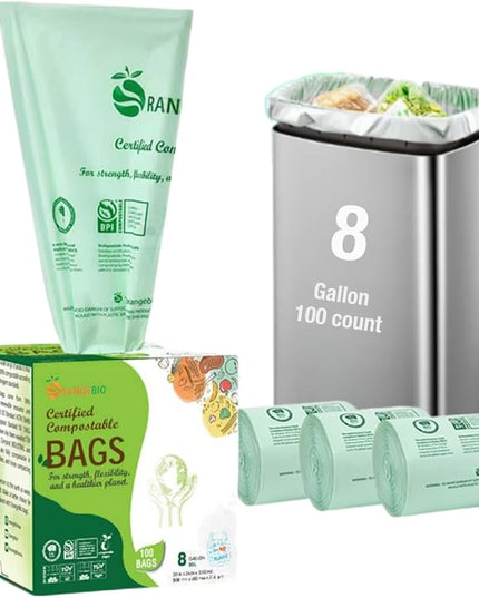 OrangeBio 6~8 Gallon Compostable Trash Bags, 100 Count, 30 Liter, 100 Count, 0.85 Mil Heavy Duty, Food Scrap Bags for Medium Bins, US BPI ASTM D6400 and OK Compost Home Certified