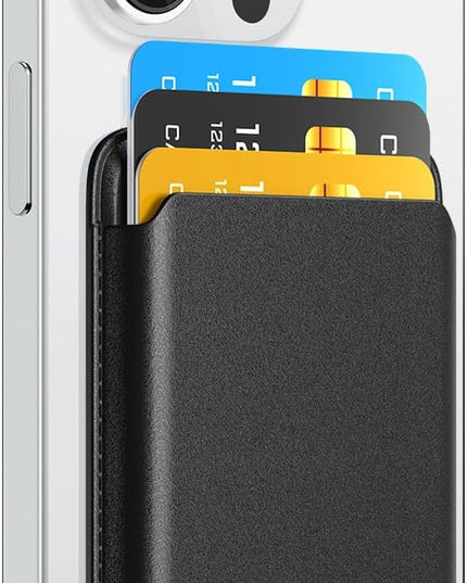 Phone Card Holder, Premium Leather Wallet Stick on, Adhesive Credit Card Holder for Case, Sticky Wallet for Back of Cover, Android Cell Phone, iPhone, Fit 4 Cards, Dark Black