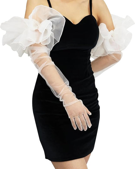 Super Puff Sheer Long Gloves Oversize Tulle Mesh Gloves for Cocktail Opera Party Glove Long Sleeve