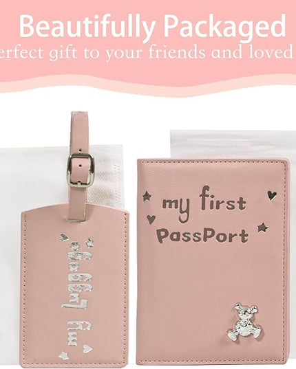 Baby Passport Cover with Travel Luggage Tag, My First Passport Holder With Bear for Girls Boys, Cute Pink Kids Airplane Travle Essentials Accessories Trip Favor Gifts