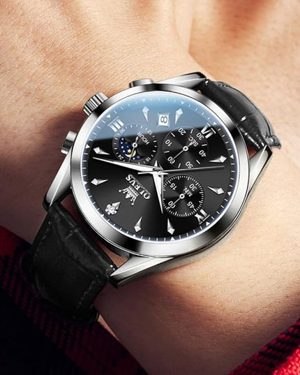 OLEVS Men's Watches Leather Strap Analog Quartz Watch, Fashion Big Dial Date Waterproof Watch, Dress Luxury Luminous Men Watches