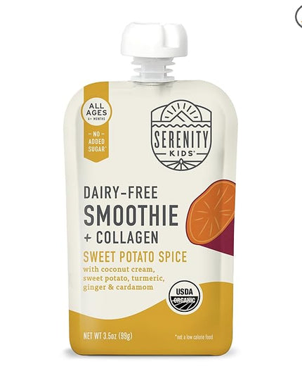 Serenity Kids 6+ Months Organic Dairy-Free Baby Food Smoothie Pouch - Sweet Potato Spice Collagen Protein - No Added Sweeteners Organic Baby Snacks - Protein Smoothie Toddler Food - 3.5 Oz, 12 Pack