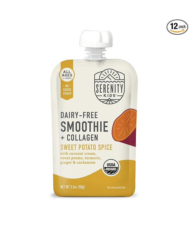 Serenity Kids 6+ Months Organic Dairy-Free Baby Food Smoothie Pouch - Sweet Potato Spice Collagen Protein - No Added Sweeteners Organic Baby Snacks - Protein Smoothie Toddler Food - 3.5 Oz, 12 Pack