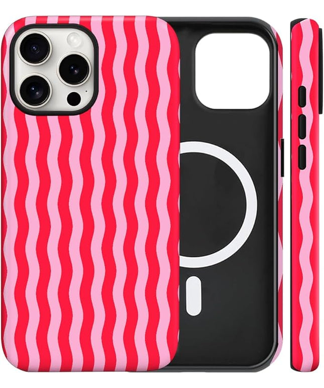 Magnetic for iPhone 13 Pro Max Case Cute Wavy Stripes Phone Case, Shockproof Slim TPU and Hard PC Protective Phone Cover Compatible with MagSafe Designed for Women Girls, Red