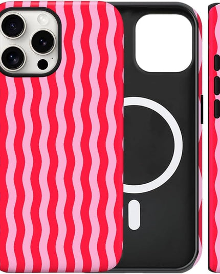 Magnetic for iPhone 13/14 Case Cute Wavy Stripes Phone Case, Shockproof Slim TPU and Hard PC Protective Phone Cover Compatible with MagSafe Designed for Women Girls, Red