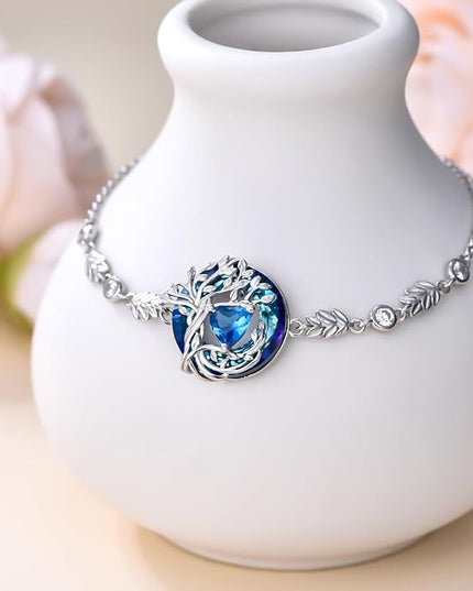 TOUPOP Tree of Life Birthstone Bracelet 925 Sterling Silver Family Tree Austrian Crystal Jewelry Anniversary Birthday Christmas Gifts for Women Wife Girlfriend Her