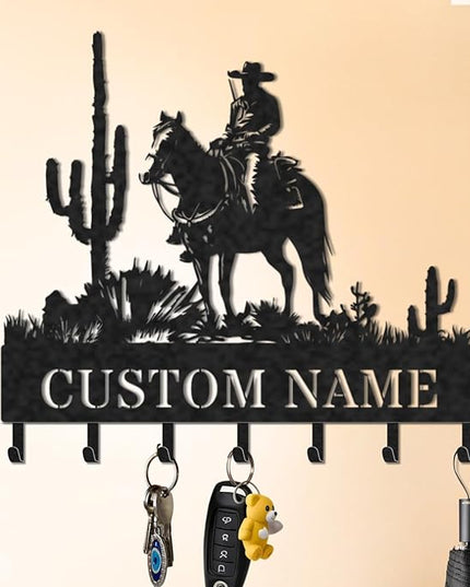 LOWACOS Personalized Key Holder for Wall, Custom Metal Cowboy Key Hooks with Name, Meta Jacket Holder Hooks Organizer Rack, Jacket Hanger Decor for Kitchen, Entryway, Hallway, Office, Doorway