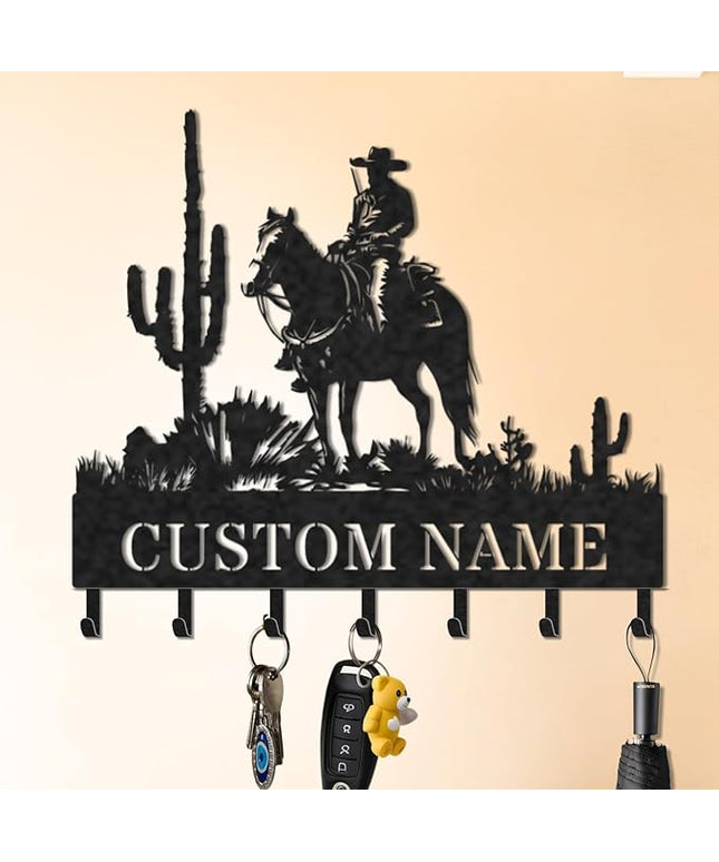 LOWACOS Personalized Key Holder for Wall, Custom Metal Cowboy Key Hooks with Name, Meta Jacket Holder Hooks Organizer Rack, Jacket Hanger Decor for Kitchen, Entryway, Hallway, Office, Doorway