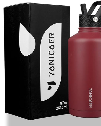 Insulated Water Bottle 87oz,Triple Wall Vacuum Stainless Steel(Dishwasher Safe),Leak Proof & Non-BPA,Flask Jug with Paracord Handle & Straw Spout Lids Sports Red