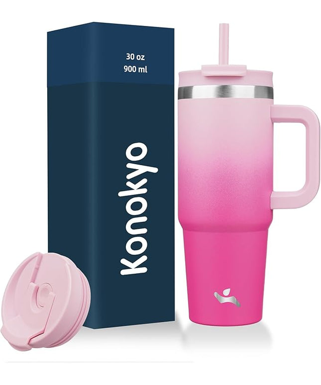 30 oz Tumbler with Handle and 2 Straws,2 in 1 Lid Insulated Water Bottle Stainless Steel Travel Coffee Mug,Cherry Blossoms