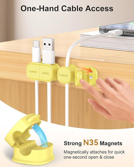 6 Pack Magnetic Cable Clips [1s Open/Lock], Laitver Cord Organizer Holder Strong Adhesive Desk Cable Management- Organize Charging Cords Neatly for Home, Office, Car,Desk, Nightstand-Cream Yellow