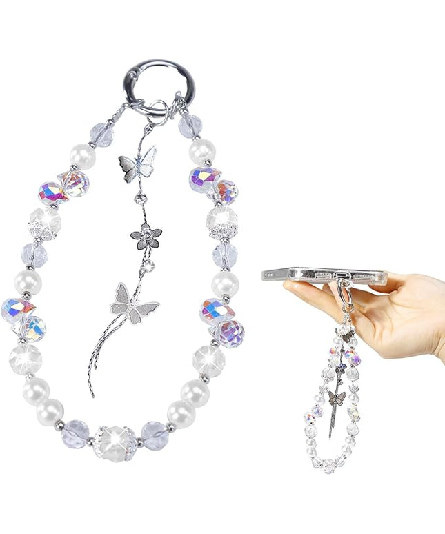 Glitter Beaded Phone Charm for Women – Sparkling Crystal Butterfly & Flower Design, Cute Pearl Anti-Lost Cellphone Lanyard Wrist Strap for Phone, Bag & Keys (HD-White)