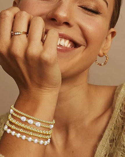 Gold Beaded Bracelets for Women, 14K Real Gold Plated Jewelry for Women Dainty Pearl Bead Bracelets Stack, Non Tarnish Trendy Stackable Ball Cross Stretch Bracelet Set Fashion Accessories Gifts