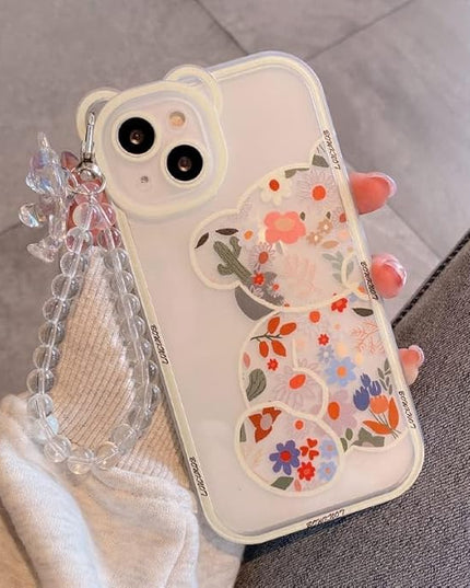 Compatible with iPhone 16 Pro Case Clear TPU Flower Bear Cute, Pearl Chain, for Girls, Bear Ears, Soft, Shockproof, Protective, Girly