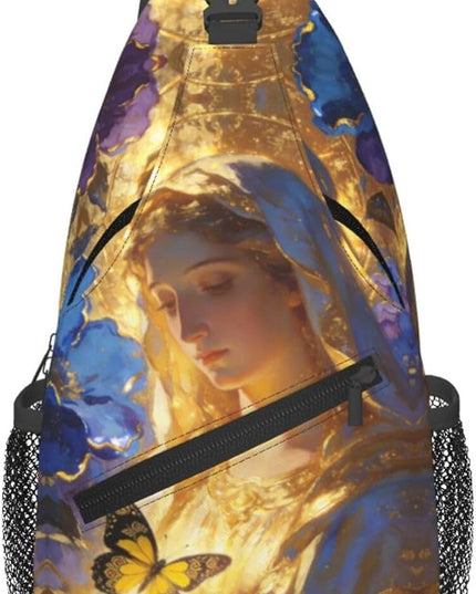 Our Lady of Guadalupe Sling Bag Crossbody Bags Clovers Chest Bag for Travel Hiking for Men Women Golden Mary 5